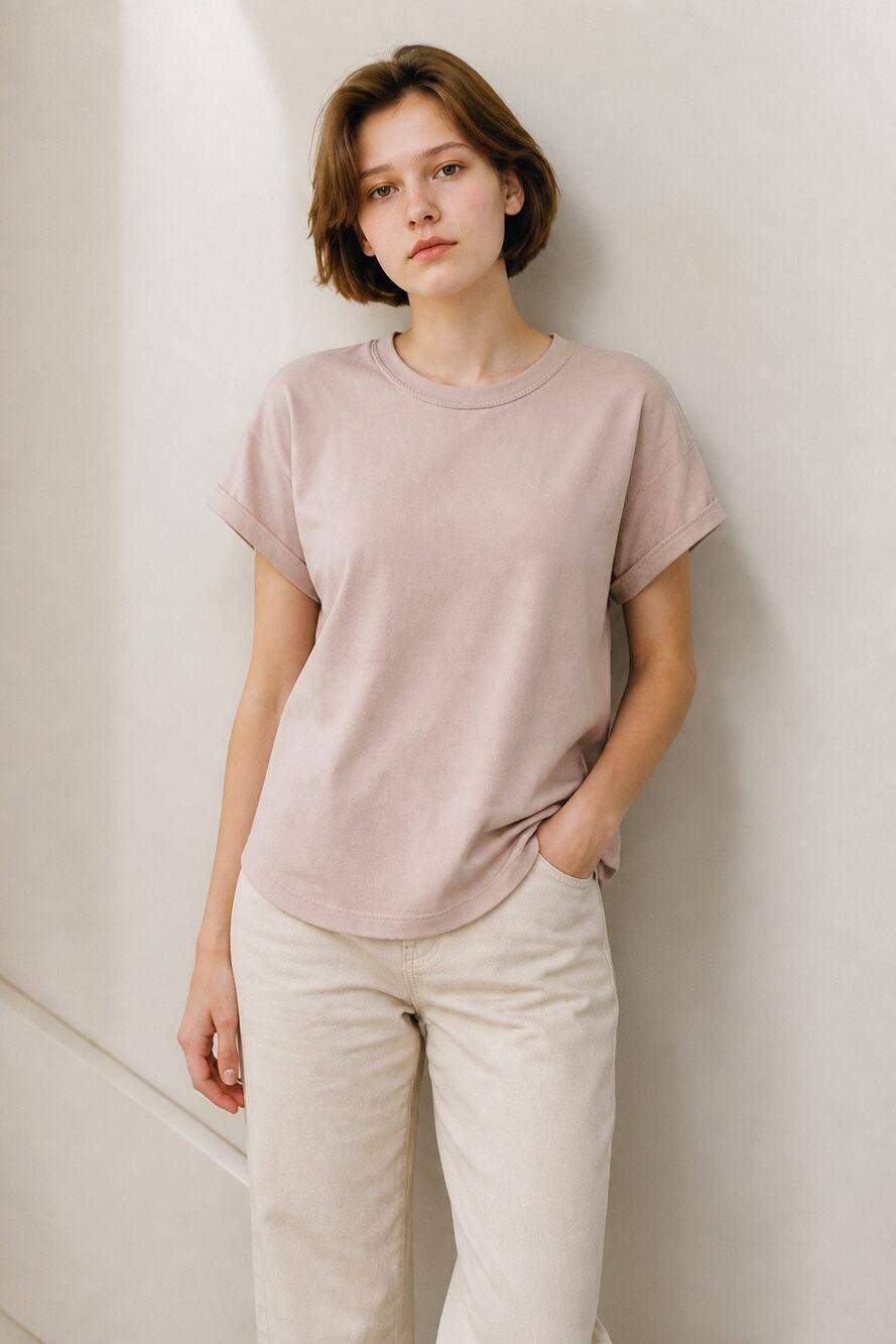 NWT S Chaser Secret Mauve Pink 100% Cotton Cuffed Short Sleeve Cropped Tee Shirt